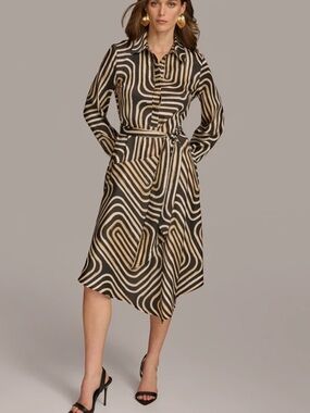 DONNA KARAN New York midi dress half button front self tying belt black taupe 8